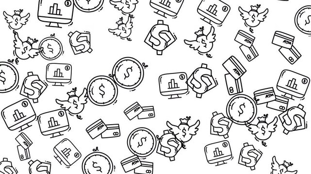 Animated Hand Drawn Finance Icons and Money Symbols Falling in a Seamless Loop on a White Background