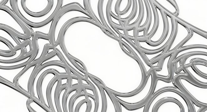 Vector illustration of intricate silver filigree pattern with organic curves and a central oval negative space, isolated on white background - Powered by Adobe