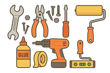 Collection of essential home repair and construction tools including drill wrench screwdriver and glue bottle