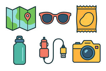 Essential items for a road trip including a map sunglasses snacks water bottle charger and camera