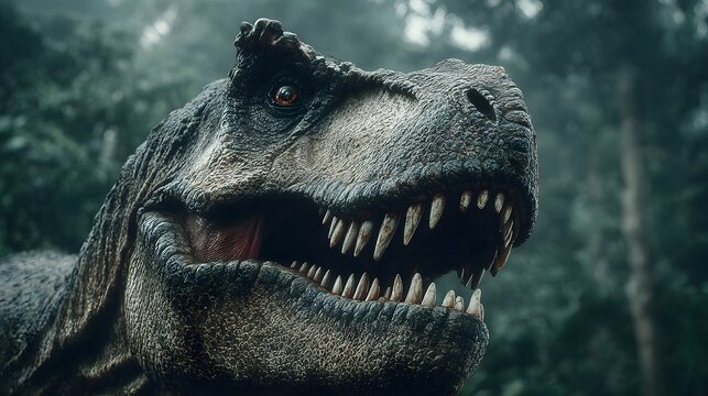T-Rex is shown with its mouth open, looking at the camera. The image has a dark and moody atmosphere, with the T-Rex's menacing expression and the surrounding forest