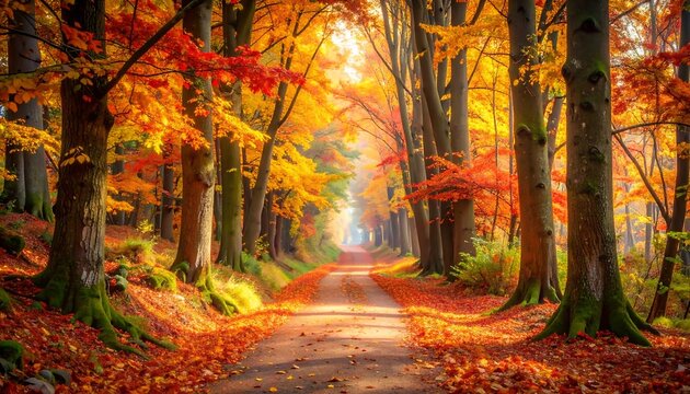 A winding dirt path through a vibrant forest in autumn, bathed in sunlight. Foliage of reds, oranges, and yellows surround - Powered by Adobe
