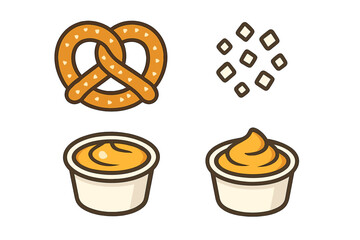 Classic soft pretzel with scattered salt crystals and creamy cheese dipping sauce