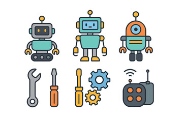 Fototapeta premium Cute cartoon robots, mechanical tools, remote control devices, and engineering equipment set