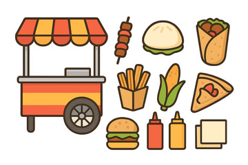 Street food cart and various fast food icons set including burger, fries, corn, and kebab