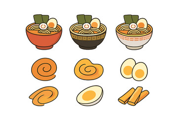 Traditional Japanese ramen bowls set with noodles, eggs, fish cakes, and assorted ingredients