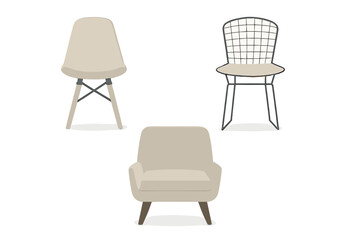 Mid-century modern and contemporary seating furniture collection on white background