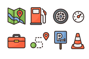 Line icons representing essential road trip elements like navigation, gas station, tire, and speedometer