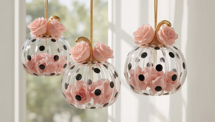 Elegant fall decorations with clear pumpkin and rose flowers hanging indoors