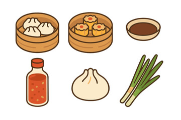Traditional Chinese dim sum meal set featuring steamed dumplings, bao buns, soy sauce, and fresh green onions