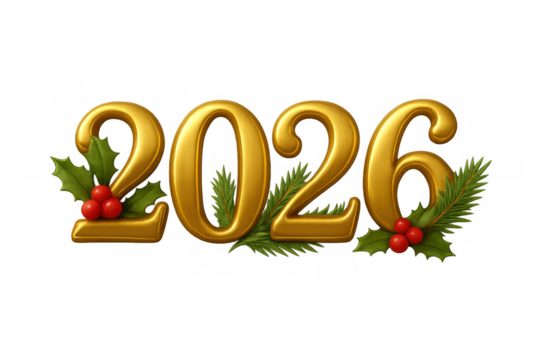 Golden numbers forming 2026 with festive holly leaves, red berries, and green fir branches for new year celebrations