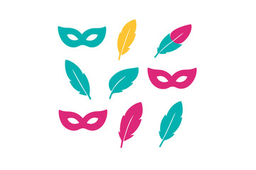 Brightly colored carnival masks and decorative feathers scattered on a white background