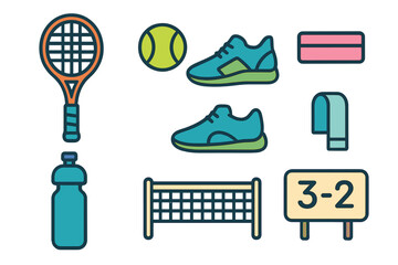 Set of colorful tennis and sports equipment including racket, ball, shoes, net, and scoreboard