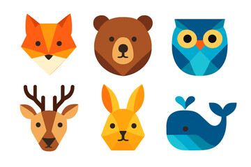 Geometric animal heads including fox, bear, owl, deer, rabbit, and whale