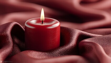 Red candle is lit on a red cloth. The candle is surrounded by a red fabric, which gives the impression of a cozy and intimate atmosphere. The warm glow of the candlelight creates a sense of comfort