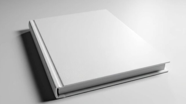 Blank White Book on White Surface - A closed, blank white book rests on a white surface, angled slightly away from the viewer.