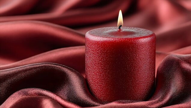 Red candle is lit on a red cloth. The candle is surrounded by a red fabric, which gives the impression of a cozy and intimate atmosphere. The candle's warm glow