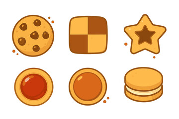Assortment of baked sweet cookies and biscuits including chocolate chip, star, and jam sandwich designs