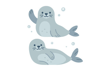 Adorable gray seals swimming together in water, one seal raising a flipper