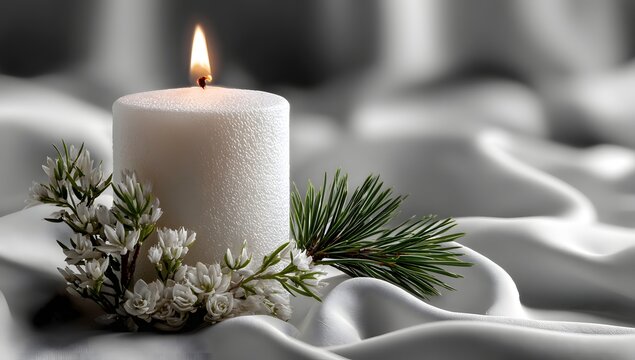 Candle is lit on a white cloth with some green leaves. The candle is surrounded by flowers and leaves, creating a serene and calming atmosphere. Concept of peace and tranquility