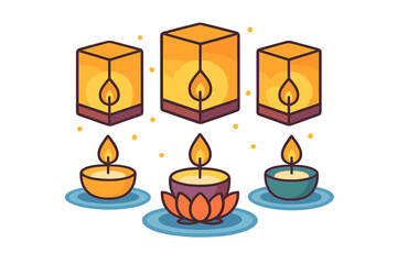 Traditional Asian festival lanterns and floating candles with lotus flower base