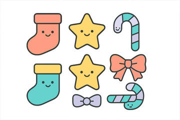 Pastel Christmas holiday elements featuring smiling stockings stars candy canes and bows