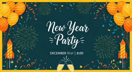 Exciting celebration for New Year party with balloons, confetti, and fireworks planned for December 31st at 8 PM