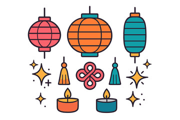 Traditional Chinese New Year and Lunar Festival decorative elements set with lanterns, candles, and mystic knots