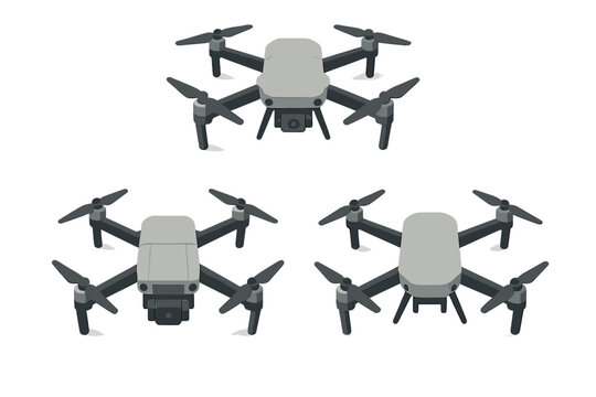 Set of three modern gray quadcopter drones with cameras in various isometric views