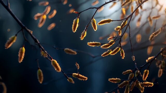 Spring pollen season. Allergy. A closeup of a branch of a tree with catkinlike flowers in the sunlight. The flowers are illuminated by the sun, casting a warm, golden hue on the petals and leaves.