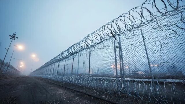 Foggy barbed wire fence with streetlights in dimly lit environment  