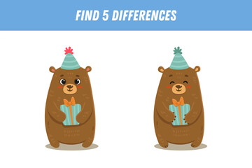 Find 5 differences between two pictures of cute bear with gift. Cute bear in flat style. Activity page. Game for kids. Vector
