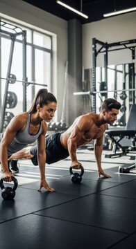 Fitness enthusiasts performing push-ups with dumbbells in a modern gym during daytime workout session