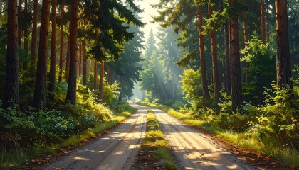 A sunlit dirt road winds through a vibrant forest, tall trees lining either side with dappled sunlight creating a serene atmosphere
