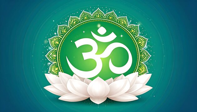 A white symbol sits on a green circle inside a leafy pattern, above a blooming white lotus flower, on a teal gradient