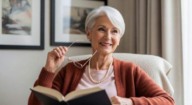 Senior woman reading a book in cozy living room with artistic decor during the afternoon