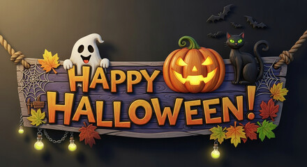 Spooky Happy Halloween Sign with Ghost Pumpkin Black Cat and Festive Lights