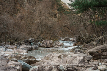 Frozen rocky stream in Seoraksan National Park, Sokcho, South Korea