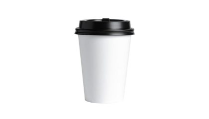 White disposable paper coffee cup with lid. To go beverage mockup for cafe Isolated on transparent background, PNG. Isolated white paper cup with a black plastic lid in a studio setting PNG bg. 