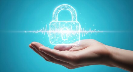 Digital security concept featuring a glowing padlock within a human hand against a blue background