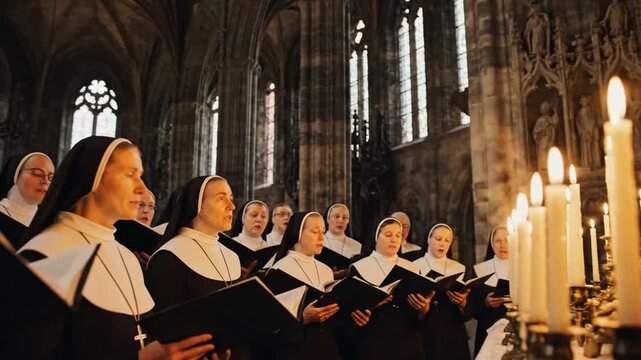 Nuns Choir Singing in Historic Church with Candlelight Ambiance