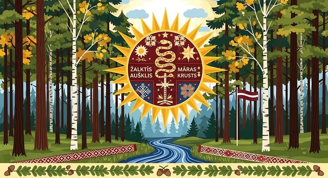 Vibrant Latvian Folk Art Inspired Landscape with Sun Symbol and River.