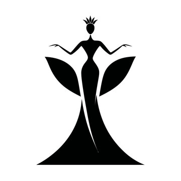 Elegant Queen Woman Silhouette with Crown and Gown. Abstract Royal Female Figure Graphic Design Element. Beauty Pageant Icon.