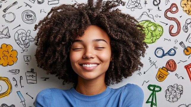 happy girl smiling with creative brainstorming background for innovative ideas and inspiration