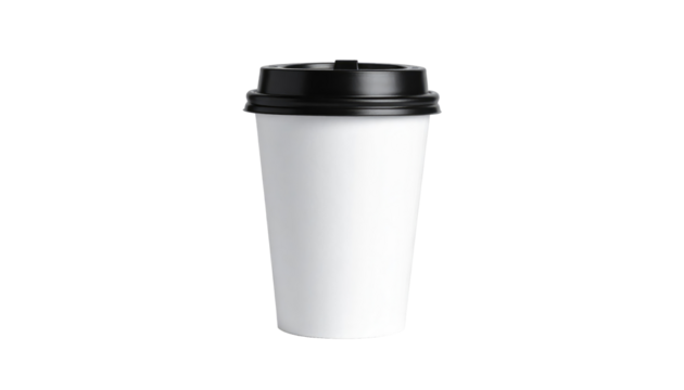 White disposable paper coffee cup with lid. To go beverage mockup for cafe Isolated on transparent background, PNG. Isolated white paper cup with a black plastic lid in a studio setting PNG bg. 