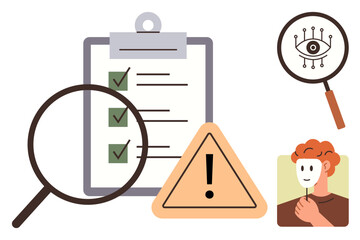 Magnifying glass on checklist, alert triangle, masked face, and biometric focus. Ideal for safety, compliance, fraud detection, security identity research and audit concepts. Simple flat metaphor