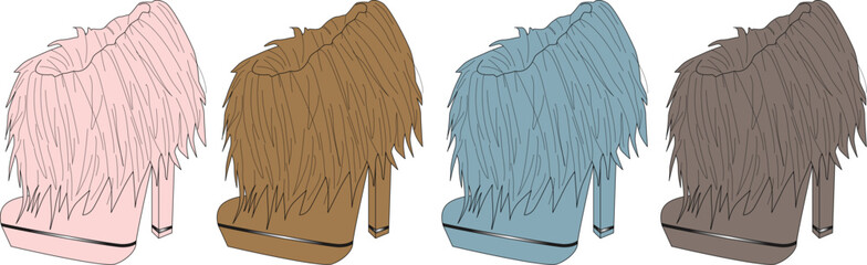 Fuzzy heel shoes with vibrant colors in a row for design and fashion concepts