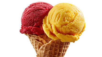 Title: Delicious Ice Cream Cone Holding Two Scoops in Red and Yellow Flavors Isolated on White Background