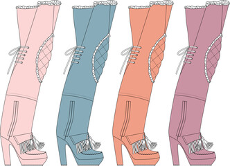 Colorful Knee High Boots Illustration Set Fashionable Footwear Designs in Pastel Shades