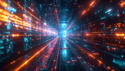 Vibrant perspective view of a futuristic data stream tunnel with glowing orange and blue lines symbolizing digital connectivity and speed